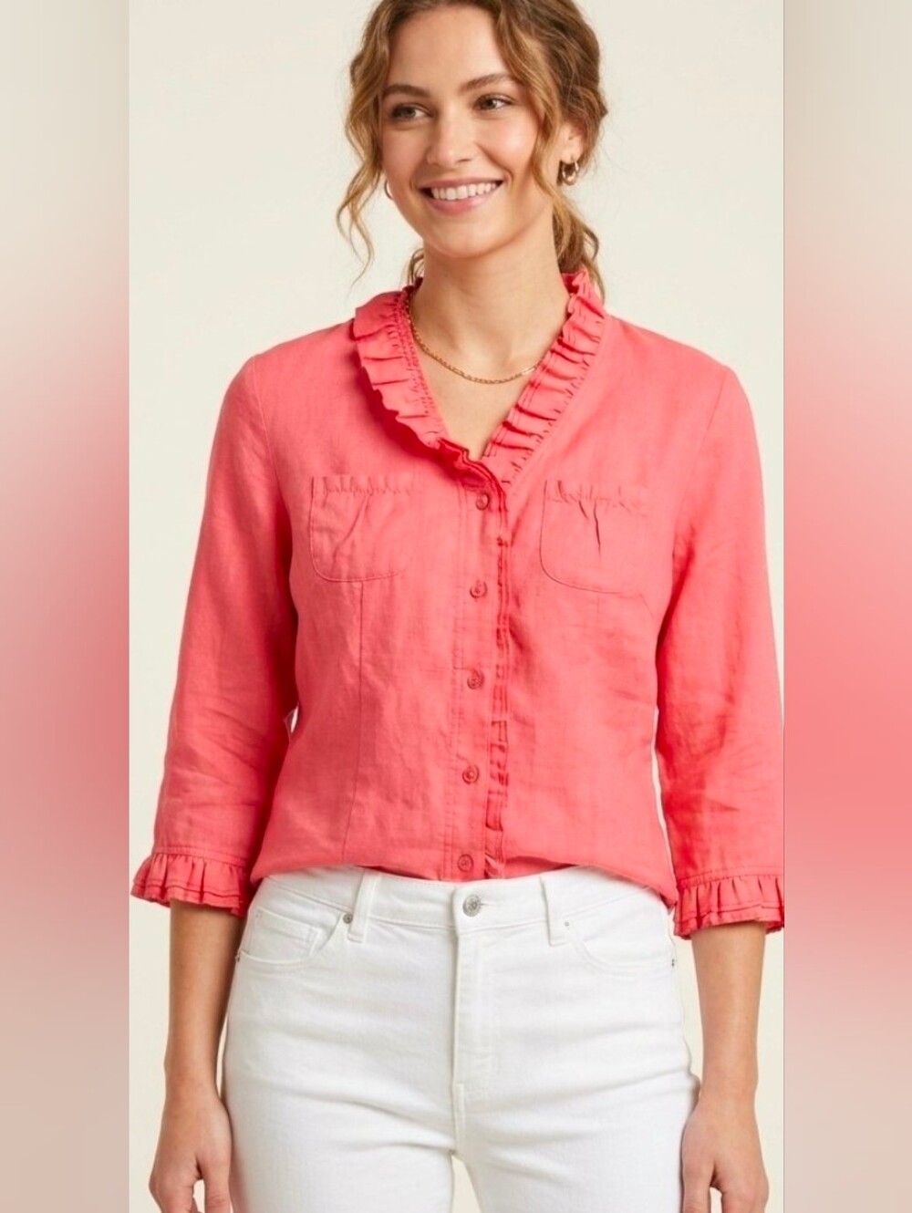 Vtg Carole Little M 100%Linen Pockets Ruffle Blouse Coral Pink Cottagecore